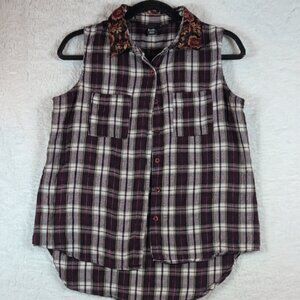 Twik Rose Burgundy Plaid Sleeveless Shirt with Floral Collar